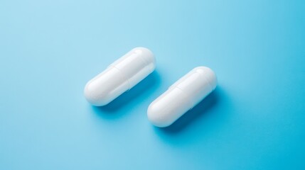 Two white supplement capsules displayed against a vibrant blue background. 
