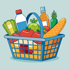 Grocery shopping cart on white. Full supermarket food basket vector illustration, shop cart with groceries goods isolated clipart