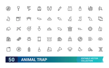 Animal trap icon collection. Featuring cage, bait, capture, wildlife, hunting, and more. Minimal line vector icons set. Vector illustration.