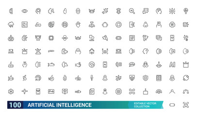 Artificial intelligence icon set. Featuring machine learning, algorithms, robots, automation, data, and more. Minimal line vector icons collection. Vector illustration.