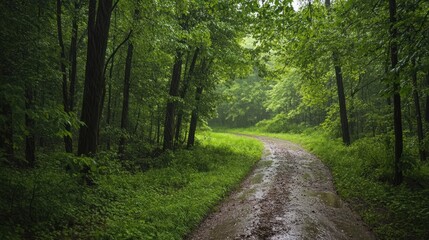 Fototapeta premium A winding dirt road through a lush green forest after a rain shower. The road is muddy and the trees are tall and leafy.