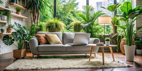Fototapeta premium Cozy Home Interior with Laptop on Sofa Surrounded by Green Plants, Soft Carpet, and Inviting Atmosphere for Remote Work and Relaxation