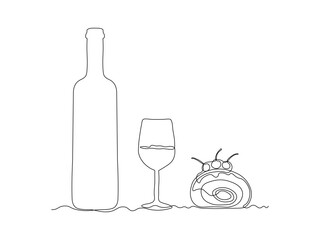 Glass bottle with wine,port, alcohol. wine glass, cake,dessert, continuous single line art drawing sketch, logo