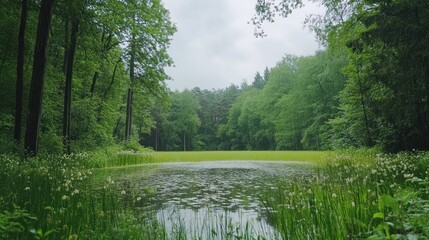 A serene pond surrounded by lush greenery and trees.  The water is still and reflects the sky.
