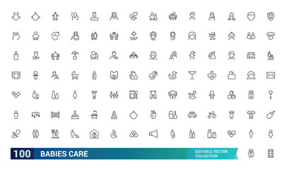 Babies care icon collection. Featuring diaper, feeding, safety, baby products, parenting, and more. Minimal line vector icons set. Vector illustration.