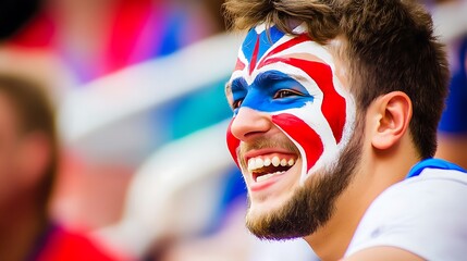 A jubilant supporter immersed in the electric atmosphere of the stadium, enthusiastically bouncing in their seat with enthusiasm and team spirit evident in every bold brushstroke of their face paint.