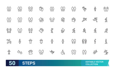 Steps Icon Set. Containing progress, movement, action, pathway, direction, goal, and more. Minimal and modern line vector icons.