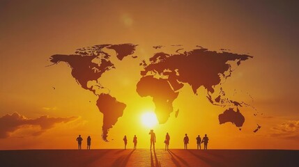 Silhouettes of people stand before a world map and the sunrise, symbolizing global connection and opportunity.
