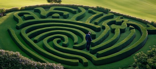 Naklejka premium Businessman Navigating Through a Complex Hedge Maze, Symbol of Challenge and Strategy.
