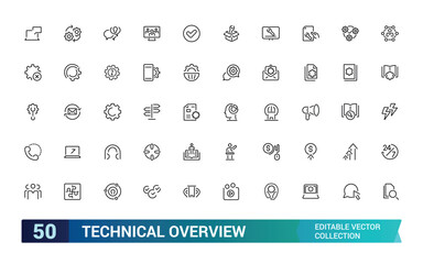 Technical Overview vector line icon set. Containing tech, line, cog, lens, overview, thin. Simple icon designs. Editable vector illustration.