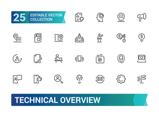 Technical Overview vector line icon set. Containing tech, line, cog, lens, overview, thin. Simple icon designs. Editable vector illustration.