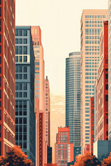 A stylized illustration of a city skyline at sunset, featuring tall buildings with a mix of architectural styles and colors