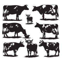 Set of Cow Illustrations in Black and White, Vector Graphics of Dairy Cows in Various Poses, Farm Animal Collection for Logo and Design, ai generated
