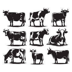Set of Cow Illustrations in Black and White, Vector Graphics of Dairy Cows in Various Poses, Farm Animal Collection for Logo and Design, ai generated
