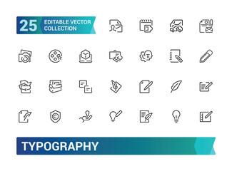 Typography icon set. Containing font, letters, alphabet, text, design, typesetting, layout, format, and more. Line vector icons collection. Vector illustration.
