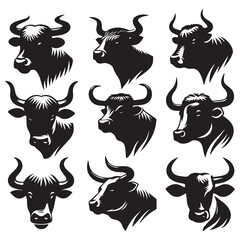 Set of Bull Head Illustrations in Black and White, Vector Graphic of Bull and Ox Heads with Horns, Farm Animal Icons for Logo and Tattoo Design
ai generated