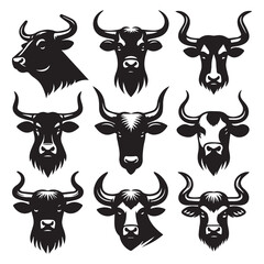 Set of Bull Head Illustrations in Black and White, Vector Graphic of Bull and Ox Heads with Horns, Farm Animal Icons for Logo and Tattoo Design
ai generated