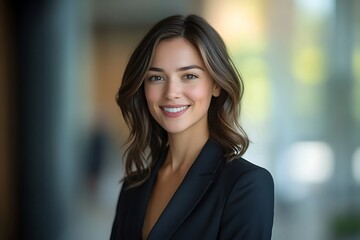 Naklejka premium Confident Businesswoman in Black Blazer with Modern Makeup
