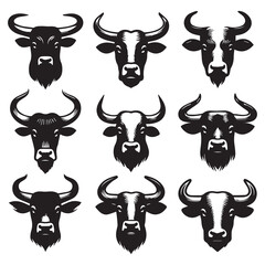 Set of Bull Head Illustrations in Black and White, Vector Graphic of Bull and Ox Heads with Horns, Farm Animal Icons for Logo and Tattoo Design
ai generated
