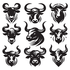 Set of Bull Head Illustrations in Black and White, Vector Graphic of Bull and Ox Heads with Horns, Farm Animal Icons for Logo and Tattoo Design
ai generated