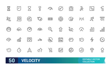 Velocity icon set. Containing speed, acceleration, momentum, rate, force, motion, velocity, physics, and more. Line vector icons collection. Vector illustration.