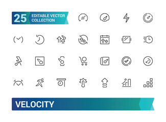 Velocity icon set. Containing speed, acceleration, momentum, rate, force, motion, velocity, physics, and more. Line vector icons collection. Vector illustration.