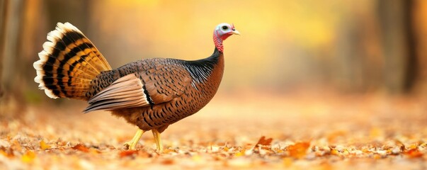 Obraz premium A majestic turkey walks through a colorful forest scene, surrounded by fallen leaves, showcasing autumn's vibrant hues.