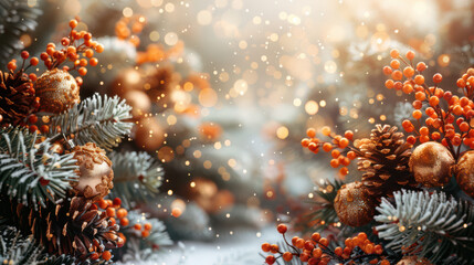 Fototapeta premium Festive Winter Wonderland with Berry and Pine Accents Background, Card or Backdrop