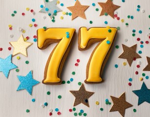 Decorated cookie, number 77, image for birthday or anniversary celebration