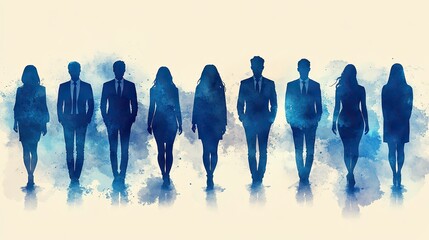 Businesspeople standing in blue silhouette icon set, arranged simply against white background