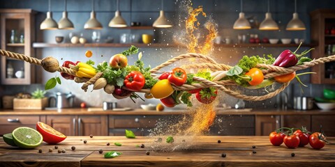 Fototapeta premium Dynamic food photography captures the dramatic moment of a rope breaking, sending ingredients flying in an artistic blend of flavors and culinary excitement. A visual feast!