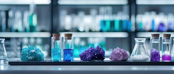 Scientific Instruments and Colorful Crystals Display