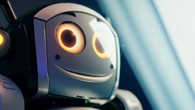 A robot with a big smile on its face. The robot is smiling and has yellow eyes