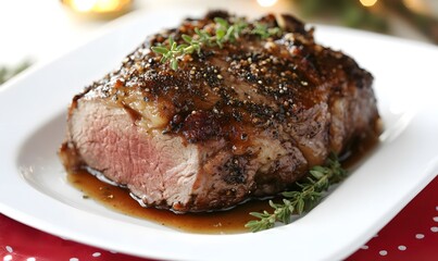 A gourmet presentation of baked lamb with honey and thyme sauce, Generative AI