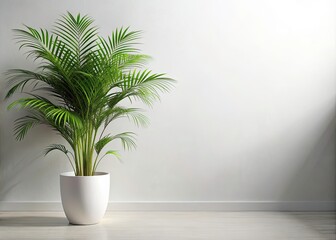 Fototapeta premium Indoor Palm Plant in White Pot Against White Wall, Perfect for Minimalist Decor and Text Overlay, 3D Illustration for Urban Exploration Photography