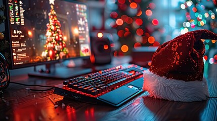 A Christmas promotion on gaming items is displayed on the gamer computer with a Santa hat.
