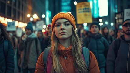 Fototapeta premium A young woman with a determined look on her face marches in a protest with a crowd of people in the city at night.