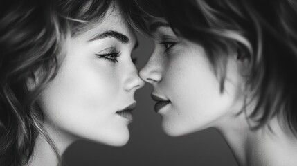 Fototapeta premium Two women with close-cropped hairstyles face each other with their noses touching. The image is in black and white.