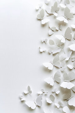 A close-up photograph of a collection of white paper butterflies with thin black lines, arranged in a pattern against a white background