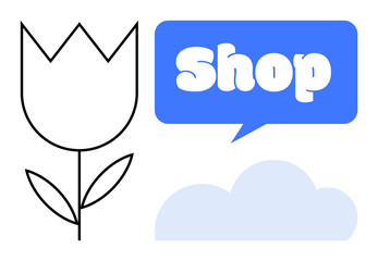 Outline of a flower with stem and leaves, a blue speech bubble with the word Shop in bold white text, and a light blue cloud. Ideal for e-commerce, gardening, retail, nature-themed designs
