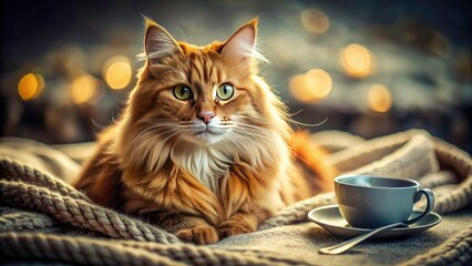 Long-Furred Cat on Blanket with Cup and Spoon â€“ Cozy Home Setting, Pet Photography, Feline Portraits, Indoor Cat Scene, Soft Textures, Animal Companionship, Cute Cat Expressions