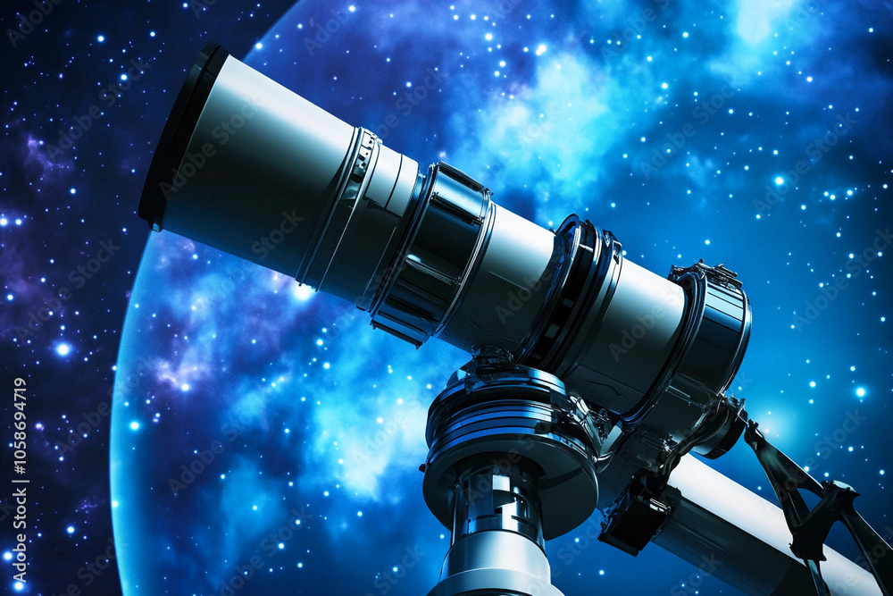 Poster exploring the cosmos with a telescope against a starry background