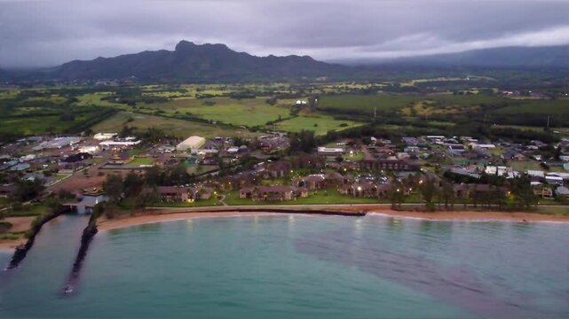 Aerial view of Kapaa Beach Park. Top View of kappa beach in Kauai Hawaii.