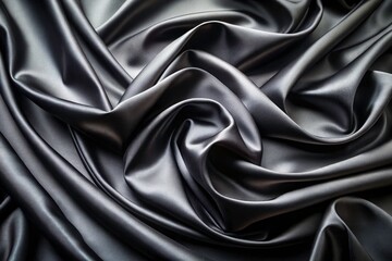 Obraz premium Luxurious Black Silk Fabric with Elegant Waves and Glossy Texture for Food Photography Background, Design Projects, Luxury Decor, Textured Fabrics, Elegant Settings