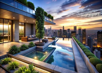 Obraz premium Luxurious Penthouse with Infinity Pool Overlooking City Skyline at Dusk, Modern Design, Opulent Amenities, Dream Home, Urban Oasis, Stylish Living Space, Exquisite Views, High-End Lifestyle