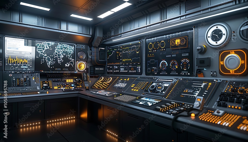 Aufkleber A high-tech control room with illuminated panels, screens displaying data, and futuristic interfaces, ideal for space or sci-fi environments.