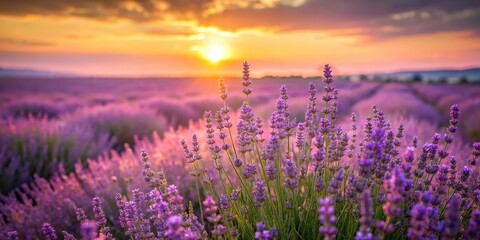 Naklejka premium Softly lit, serene landscape of a field with lavender flowers swaying gently in the breeze at dusk, evening sky, wildflowers, countryside scenery