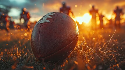 Close-up of an American football being held during game, players in action blurred with sunset sky in the background