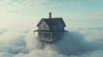 A traditional house floats above the clouds, a surreal scene against a backdrop of a blue sky and fluffy clouds.