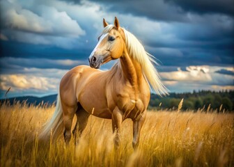 Obraz premium Majestic Palomino Horse in Tall Grass - Capturing Grace and Beauty in Nature Photography
